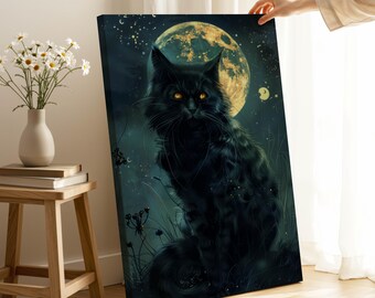 Black Cat Moon Canvas Print – Witchy Celestial Art, Starry Night