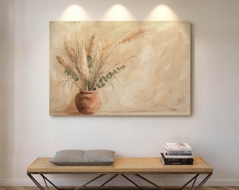 Cuadro decorativo de lienzo con estampado botánico de la Pampa en tonos neutros – Estampado bohemio para una decoración minimalista de la sala de estar.