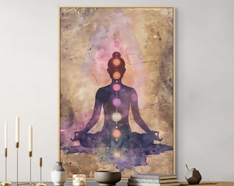Chakra Alignment Leinwand - spirituelle Yoga Wand Kunst mit meditativen Silhouette Energiefluss