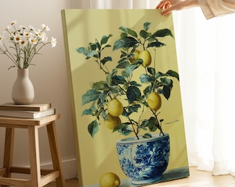 Quadro decorativo em tela com limoeiro – Impressão amarela para cozinha com decoração mediterrânea.