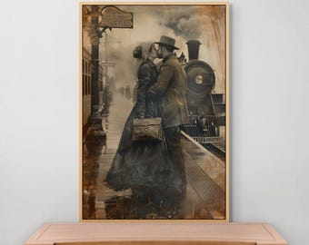 Victorian Train Kiss – Romantic Canvas Print for Vintage Wall Art Lovers