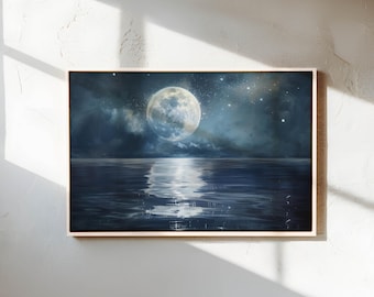Lienzo Océano Iluminado por la Luna – Arte de Pared Azul Tranquilo para el Dormitorio o la Sala de Meditación