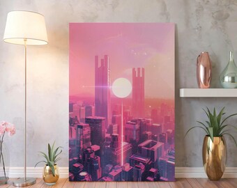 Tela Vaporwave Cityscape – Stampa retro-futuristica per decorazioni murali al neon