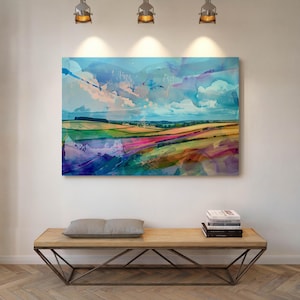 Lienzo abstracto al estilo de David Hockney: lámina decorativa de paisaje colorido para una decoración moderna.