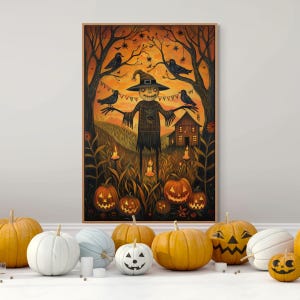 Impresión artística de espantapájaros de Halloween: lienzo rústico para decorar la pared con calabazas