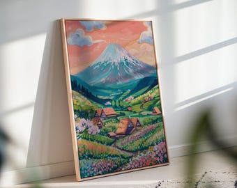 Colorful Fuji Mountain Canvas Wall Art – Pastel Landscape Painting for Living Room Decor