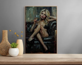 Sensual Woman Canvas Art - Dark Glam Wine Print für die Lounge Wanddeko