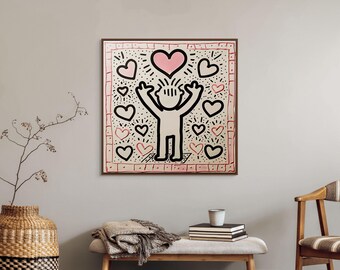 Keith Haring Inspired Love Art, Pink Heart Canvas Print for Bedroom Decor