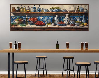 Mediterranean Kitchen Wall Art – Rustic Canvas Print with Olives, Tomatoes & Ceramics