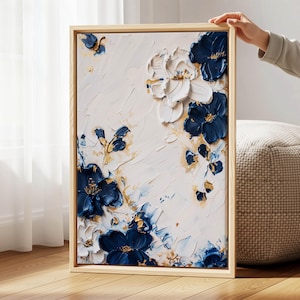 Floral Ceramic Wall Art – Navy and Gold Botanical Tile-inspired