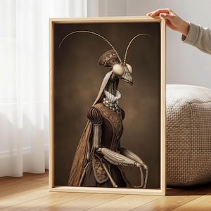 Puede incluir: Un retrato enmarcado de una mantis religiosa antropomórfica vestida con una prenda de color marrón oscuro de cuello alto con intrincados bordados dorados, un cuello de volantes blanco y un tocado decorativo sobre un fondo marrón oscuro.