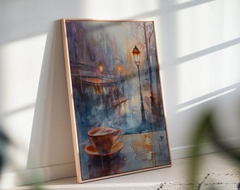 Rainy City Cafe Canvas – Romantic Coffee Cup Wall Art with Cozy Street Lights