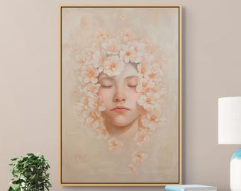 Floral Feminine Portrait – Soft Romantic Canvas Art for Dreamy Boho Wall Decor