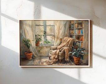Gemütliche Leseecke – Leinwandbild in warmem Beige im Boho-Stil für die Wohnzimmerdekoration
