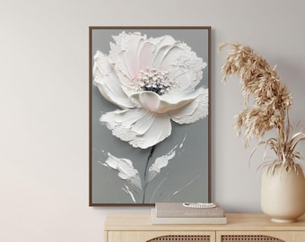Modern White Flower Canvas – Minimalist Impasto Art for Contemporary Home Decor