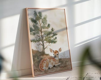 Baby Deer Nursery Wall Art – Neutral Woodland Canvas for Kids Room Decor
