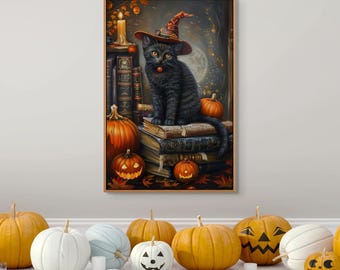 Gothic Halloween Cat Canvas Print – Witch Hat, Pumpkins, Fall Decor