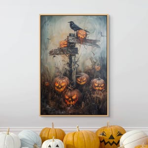 Płótno z motywem dyni – przerażający halloweenowy kruk i dynia Jack-o'-Lantern – dekoracja ścienna na jesień