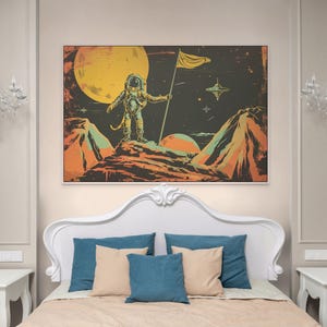 Retro Sci-Fi Monkey Astronaut Canvas – Orange Green Wall Art for Game Room Decor
