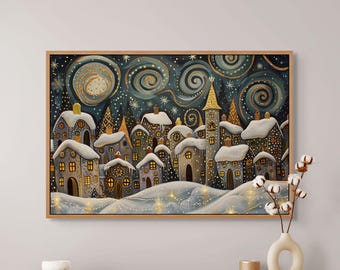 Lienzo de un pueblo invernal caprichoso: arte mural navideño de Gustav Klimt para una decoración acogedora.