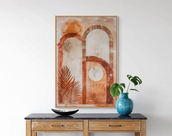 Quadro decorativo em tela com arco de terracota – Estampa boho moderna para decoração de sala de estar neutra.