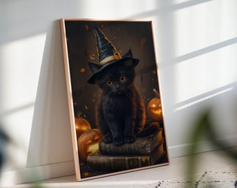 Quadro de Halloween com Gato Bruxo – Gato Preto Gótico, Abóboras e Livros de Feitiços
