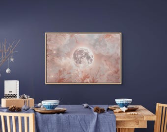 Arte de pared de luna ruborizada: lienzo celestial rosa suave para una decoración romántica y bohemia.