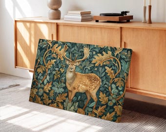 Leinwandbild mit Hirschmotiv inspiriert von William Morris – Grüne Wald-Wanddekoration fürs Wohnzimmer