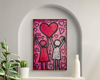 Lienzo decorativo inspirado en Keith Haring, estilo romántico, color rosa, ideal para la habitación de una pareja o una niña.