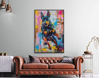 Colorful Doberman Wall Art – Abstract Dog Canvas Painting for Modern Living Room