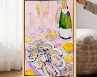 Oysters Champagne Canvas Wall Art – Impressionist Pink Print for Dining Room Decor