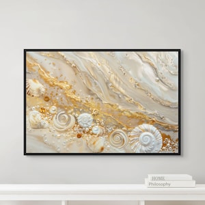 Coastal Shell Canvas – Luxury Ocean-Inspired Wall Art with Golden Beach Textures