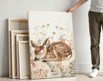 Baby Deer Nursery Wall Art – Boho Woodland Canvas Print for Kids Room Decor