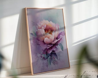 Cuadro decorativo de pared con diseño botánico de peonías: elegante estampado de flores rosas para decoración de galería.