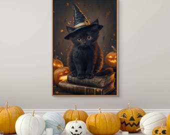 Halloween-Leinwandbild mit Hexenkatze – Gotische schwarze Katze, Kürbisse & Zauberbücher