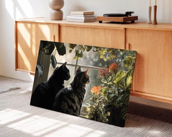 Two Cats Canvas Wall Art – Botanical Window Print for Cozy Living Room Decor