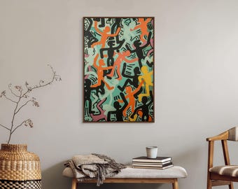 Lienzo decorativo de danza inspirado en Keith Haring, con movimientos audaces, ideal para la sala de estar.