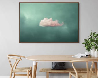 Lienzo con nubes rosas: arte minimalista de pared con cielo verde para un dormitorio de ensueño (horizontal)