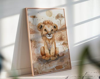 Watercolor Lion Nursery Wall Art – Boho Safari Canvas Print for Baby Room Decor
