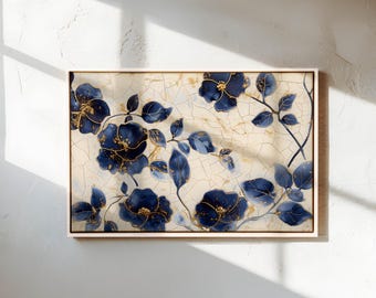 Navy Floral Canvas Art – Blue and Gold Ceramic Crackle - Etsy