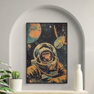 Retro Sci-Fi Monkey Astronaut Canvas – Orange Teal Wall Art for Office or Game Room