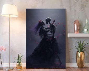 Gothic Skeleton Couple Canvas Art – Dark Floral Print for Spooky Wedding Decor
