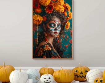 Day of the Dead Canvas Print – Sugar Skull Woman, Marigold Crown