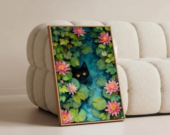 Black Cat Canvas Wall Art – Whimsical Lily Pond Print for Botanical Room Decor