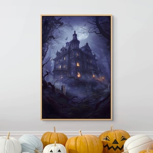 Haunted Mansion Canvas – Gothic Halloween Wall Art with Spooky Forest Graveyard
