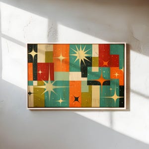Quadro in stile Mid-Century – Stampa su tela con motivo a stella retrò per un arredamento moderno del soggiorno.