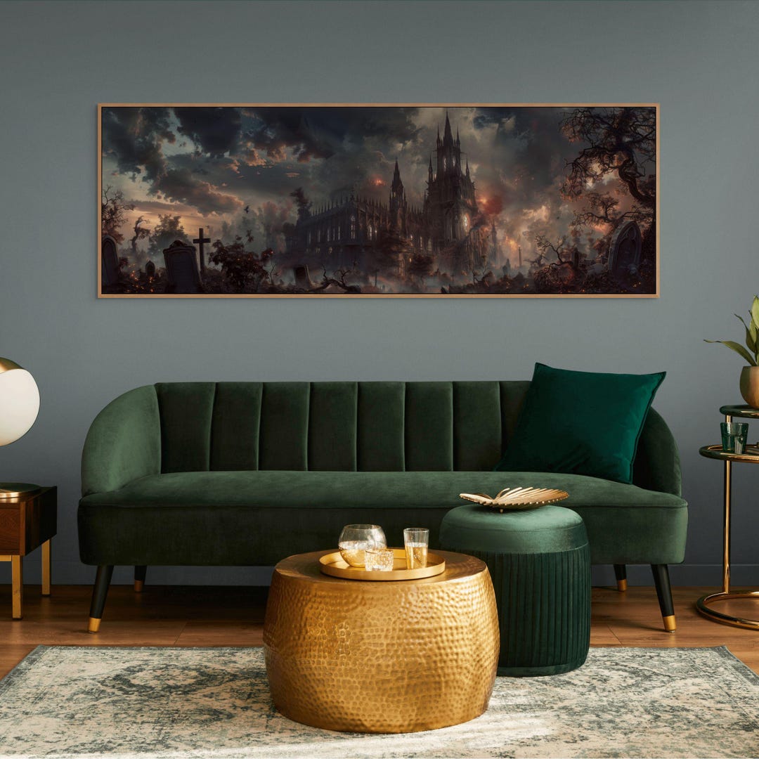 Gothic Cathedral Wide Canvas Art – Dark Fantasy Wall Print for Haunted ...