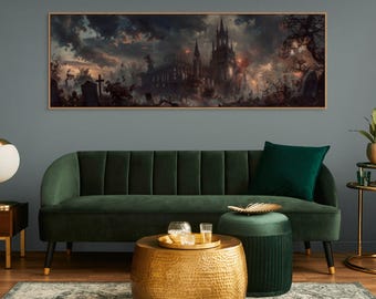 Gothic Cathedral Wide Canvas Art – Dark Fantasy Wall Print for Haunted Home Decor