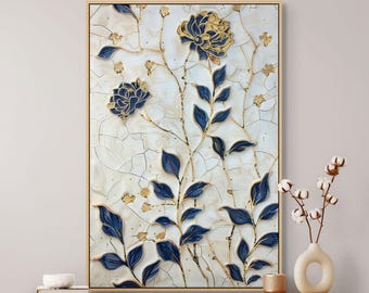 Floral Ceramic Wall Art – Navy and Gold Botanical Tile-inspired