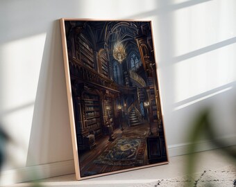 Gothic Library Wall Art – Dark Academia Fantasy Canvas Print for Book Lovers Decor
